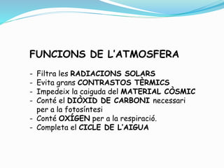 FUNCIONS DE L’ATMOSFERA
- Filtra les RADIACIONS SOLARS
- Evita grans CONTRASTOS TÈRMICS
- Impedeix la caiguda del MATERIAL CÒSMIC
- Conté el DIÒXID DE CARBONI necessari
per a la fotosíntesi
- Conté OXÍGEN per a la respiració.
- Completa el CICLE DE L’AIGUA
 