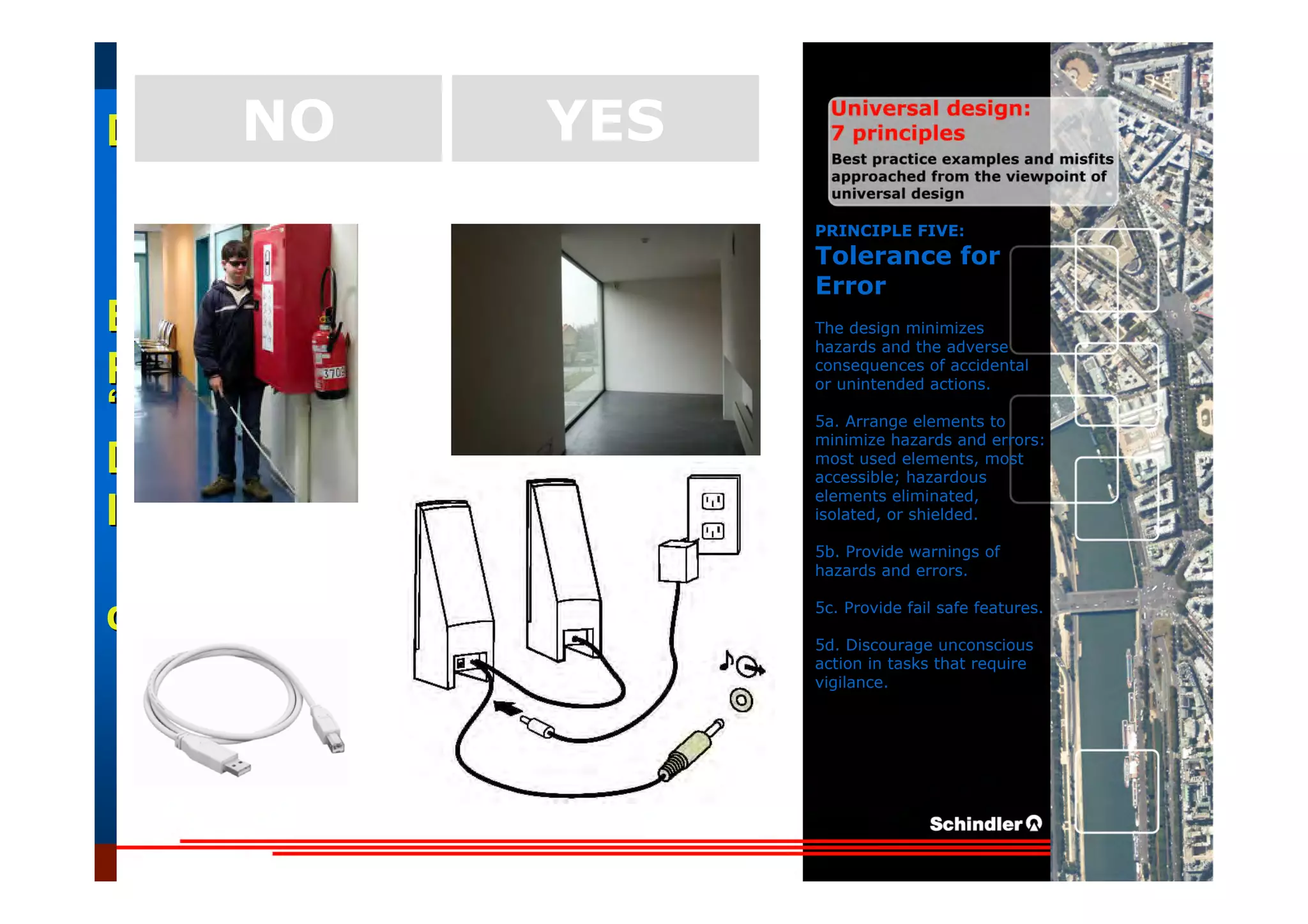 UniversalUniversal
DesignDesign
““Universal DesignUniversal Design”” –– ““DesignDesign forfor AllAll”” –– ““InclusiveInclusive
DesignDesign””
IntroductionIntroduction of aof a useruser--orientatedorientated designdesign paradigmparadigm
dr.Marcdr.Marc DujardinDujardin, architect, architect
Intensive program (IP)
« Designing in the Dark »
Gh t 3 D b 2007
EducationEducation
ProjectProject
UDEP.bePRINCIPLE FIVE:
Tolerance for
Error
The design minimizes
hazards and the adverse
consequences of accidental
or unintended actions.
5a. Arrange elements to
minimize hazards and errors:
most used elements, most
accessible; hazardous
elements eliminated,
isolated, or shielded.
5b. Provide warnings of
hazards and errors.
5c. Provide fail safe features.
5d. Discourage unconscious
action in tasks that require
vigilance.
YESNO
 