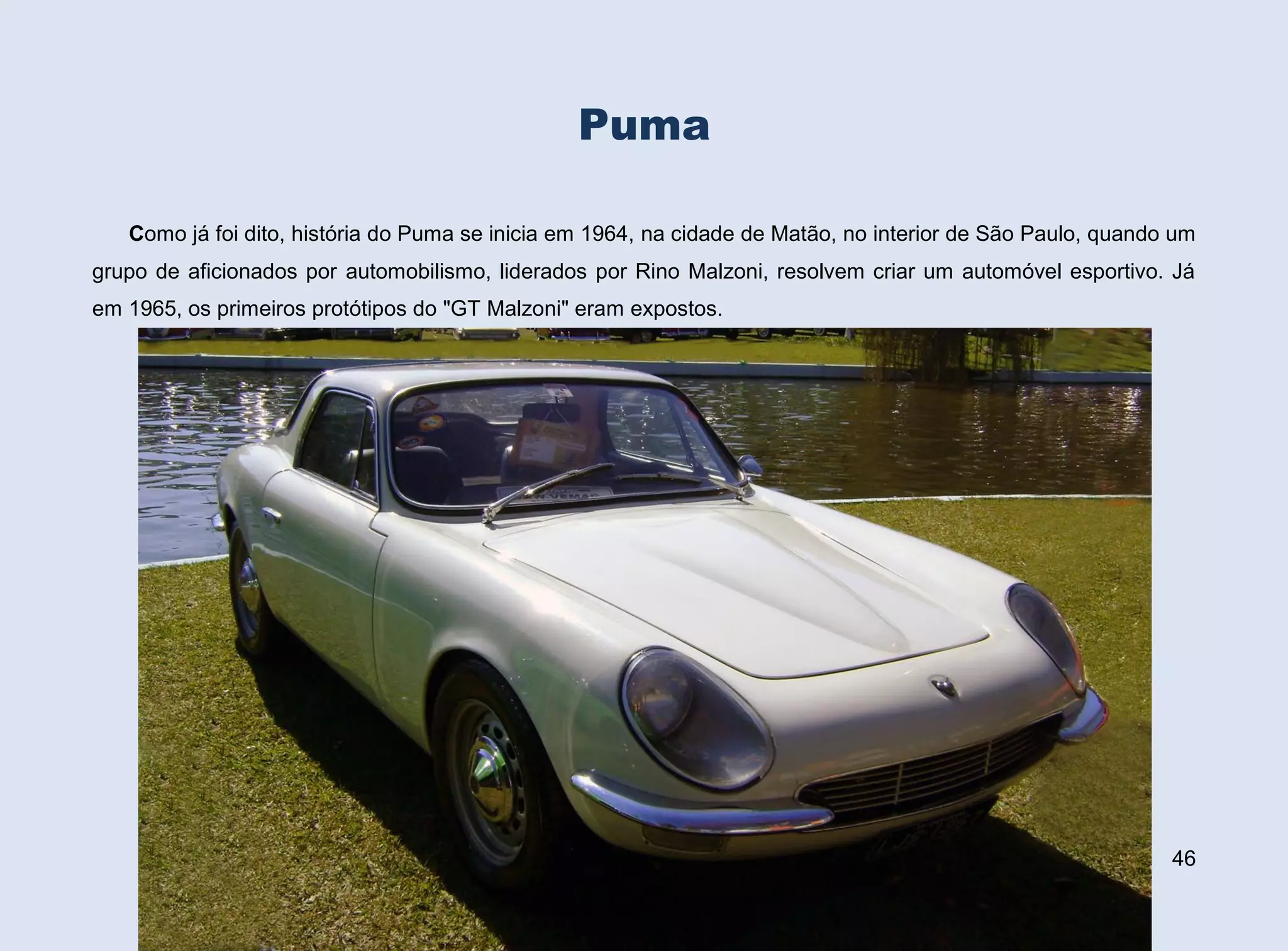 Puma
Como já foi dito, história do Puma se inicia em 1964, na cidade de Matão, no interior de São Paulo, quando um
grupo de aficionados por automobilismo, liderados por Rino Malzoni, resolvem criar um automóvel esportivo. Já
em 1965, os primeiros protótipos do "GT Malzoni" eram expostos.

46

 