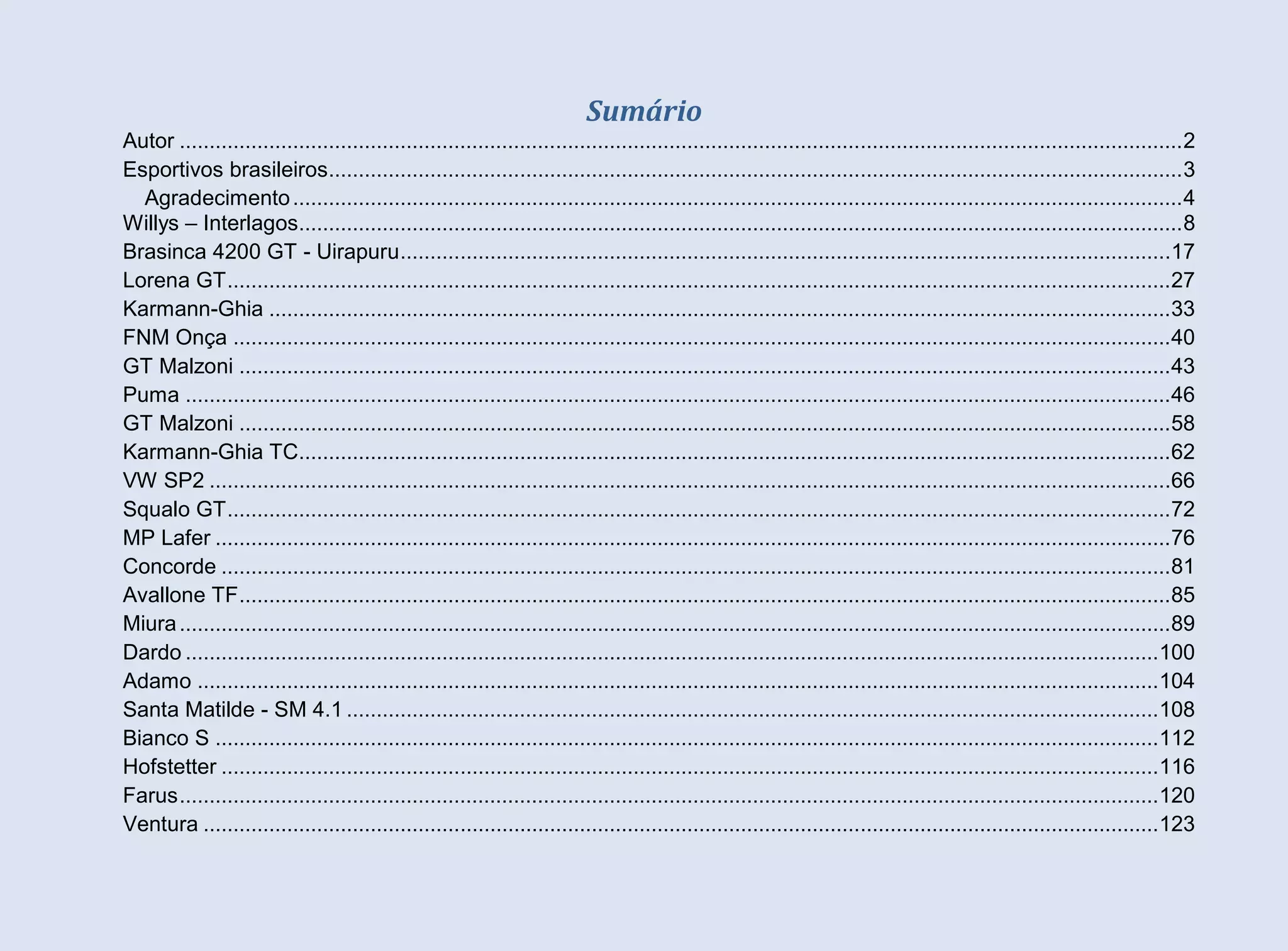 Sumário
Autor ........................................................................................................................................................................ 2
Esportivos brasileiros............................................................................................................................................... 3
Agradecimento ..................................................................................................................................................... 4
Willys – Interlagos.................................................................................................................................................... 8
Brasinca 4200 GT - Uirapuru .................................................................................................................................17
Lorena GT ..............................................................................................................................................................27
Karmann-Ghia .......................................................................................................................................................33
FNM Onça .............................................................................................................................................................40
GT Malzoni ............................................................................................................................................................43
Puma .....................................................................................................................................................................46
GT Malzoni ............................................................................................................................................................58
Karmann-Ghia TC..................................................................................................................................................62
VW SP2 .................................................................................................................................................................66
Squalo GT ..............................................................................................................................................................72
MP Lafer ................................................................................................................................................................76
Concorde ...............................................................................................................................................................81
Avallone TF ............................................................................................................................................................85
Miura ......................................................................................................................................................................89
Dardo ...................................................................................................................................................................100
Adamo .................................................................................................................................................................104
Santa Matilde - SM 4.1 ........................................................................................................................................108
Bianco S ..............................................................................................................................................................112
Hofstetter .............................................................................................................................................................116
Farus ....................................................................................................................................................................120
Ventura ................................................................................................................................................................123

 