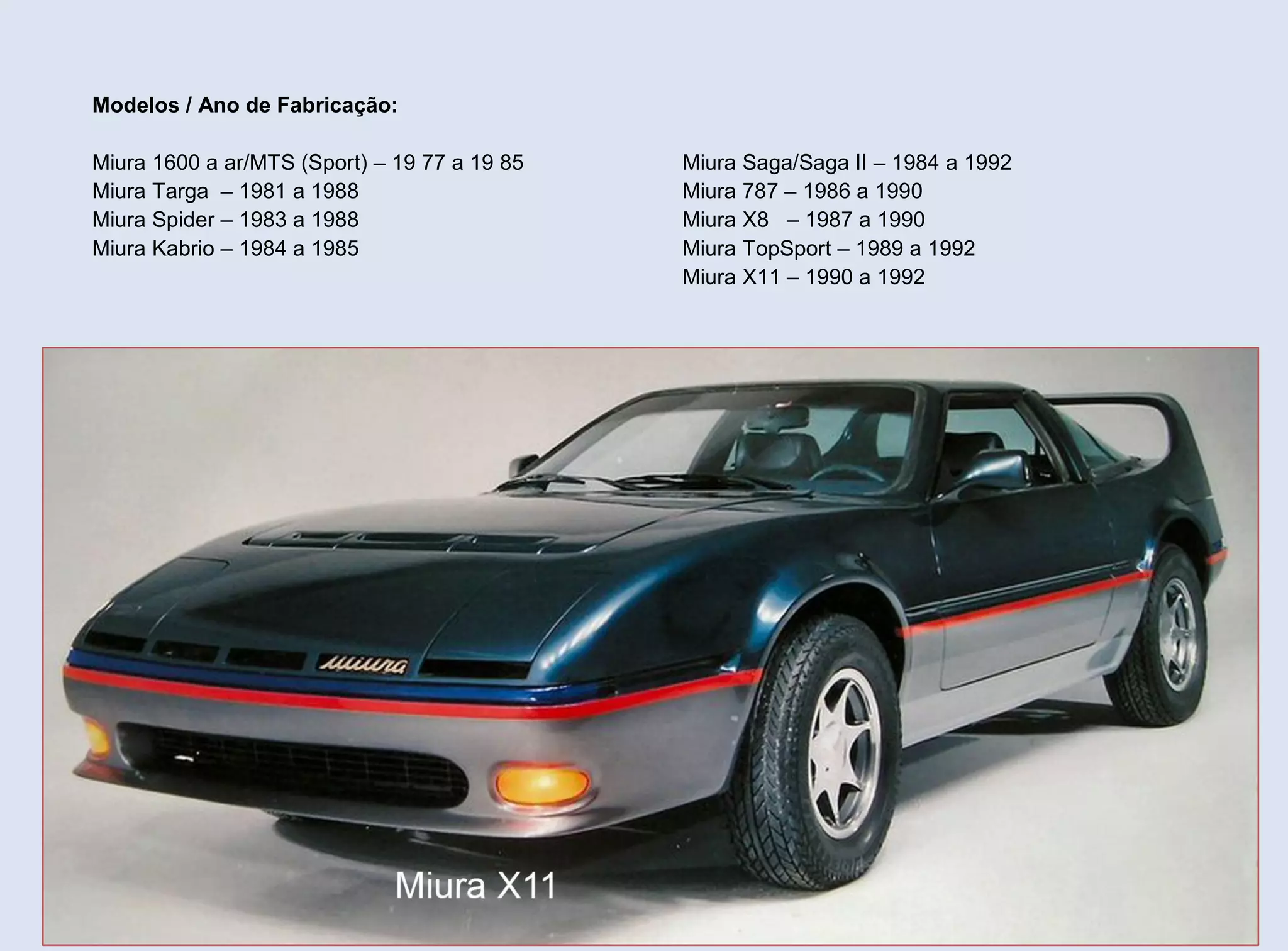 Modelos / Ano de Fabricação:
Miura 1600 a ar/MTS (Sport) – 19 77 a 19 85
Miura Targa – 1981 a 1988
Miura Spider – 1983 a 1988
Miura Kabrio – 1984 a 1985

Miura Saga/Saga II – 1984 a 1992
Miura 787 – 1986 a 1990
Miura X8 – 1987 a 1990
Miura TopSport – 1989 a 1992
Miura X11 – 1990 a 1992

99

 