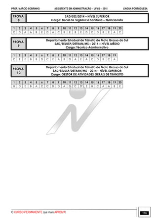 PROF. MÁRCIO SOBRINHO ASSISTENTE EM ADMINISTRAÇÃO  UFMS  2015 LÍNGUA PORTUGUESA
O CURSO PERMANENTE que mais APROVA! 116
PROVA
8
SAD/SES/2014 – NÍVEL SUPERIOR
Cargo: Fiscal de Vigilância Sanitária – Nutricionista
1 2 3 4 5 6 7 8 9 10 11 12 13 14 15 16 17 18 19 20
C D A A B E D A C B E B E D C D B E A C
PROVA
9
Departamento Estadual de Trânsito de Mato Grosso do Sul
SAD/SEJUSP/DETRAN/MS – 2014 – NÍVEL MÉDIO
Cargo: Técnico Administrativo
1 2 3 4 5 6 7 8 9 10 11 12 13 14 15 16 17 18 19
C E E B B D C E A B D A E A C D B C A
PROVA
10
Departamento Estadual de Trânsito de Mato Grosso do Sul
SAD/SEJUSP/DETRAN/MS – 2014 – NÍVEL SUPERIOR
Cargo: GESTOR DE ATIVIDADES GERAIS DE TRÂNSITO
1 2 3 4 5 6 7 8 9 10 11 12 13 14 15 16 17 18 19 20
B D E B A C C D D A D C D E B C A A B E
 