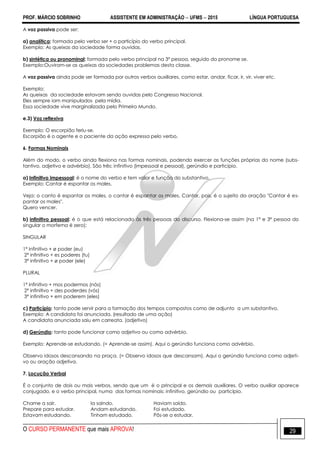 PROF. MÁRCIO SOBRINHO ASSISTENTE EM ADMINISTRAÇÃO  UFMS  2015 LÍNGUA PORTUGUESA
O CURSO PERMANENTE que mais APROVA! 29
A voz passiva pode ser:
a) analítica: formada pelo verbo ser + o particípio do verbo principal.
Exemplo: As queixas da sociedade forma ouvidas.
b) sintética ou pronominal: formada pelo verbo principal na 3ª pessoa, seguido do pronome se.
Exemplo:Ouviram-se as queixas da sociedades problemas desta classe.
A voz passiva ainda pode ser formada por outros verbos auxiliares, como estar, andar, ficar, ir, vir, viver etc.
Exemplo:
As queixas da sociedade estavam sendo ouvidas pelo Congresso Nacional.
Eles sempre iam manipulados pela mídia.
Essa sociedade vive marginalizada pelo Primeiro Mundo.
e.3) Voz reflexiva
Exemplo: O escorpião feriu-se.
Escorpião é o agente e o paciente da ação expressa pelo verbo.
6. Formas Nominais
Além do modo, o verbo ainda flexiona nas formas nominais, podendo exercer as funções próprias do nome (subs-
tantivo, adjetivo e advérbio). São três: infinitivo (impessoal e pessoal), gerúndio e particípio.
a) Infinitivo impessoal: é o nome do verbo e tem valor e função do substantivo.
Exemplo: Cantar é espantar os males.
Veja: o canto é espantar os males, o cantar é espantar os males. Cantar, pois, é o sujeito da oração "Cantar é es-
pantar os males".
Quero vencer.
b) infinitivo pessoal: é o que está relacionado às três pessoas do discurso. Flexiona-se assim (na 1ª e 3ª pessoa do
singular o morfema é zero):
SINGULAR
1ª infinitivo + ø poder (eu)
2ª infinitivo + es poderes (tu)
3ª infinitivo + ø poder (ele)
PLURAL
1ª infinitivo + mos podermos (nós)
2ª infinitivo + des poderdes (vós)
3ª infinitivo + em poderem (eles)
c) Particípio: tanto pode servir para a formação dos tempos compostos como de adjunto a um substantivo.
Exemplo: A candidata foi anunciada. (resultado de uma ação)
A candidata anunciada saiu em carreata. (adjetivo)
d) Gerúndio: tanto pode funcionar como adjetivo ou como advérbio.
Exemplo: Aprende-se estudando. (= Aprende-se assim). Aqui o gerúndio funciona como advérbio.
Observo idosos descansando na praça. (= Observo idosos que descansam). Aqui o gerúndio funciona como adjeti-
vo ou oração adjetiva.
7. Locução Verbal
É o conjunto de dois ou mais verbos, sendo que um é o principal e os demais auxiliares. O verbo auxiliar aparece
conjugado, e o verbo principal, numa das formas nominais: infinitivo, gerúndio ou particípio.
Chame a sair. Ia saindo. Haviam saído.
Prepare para estudar. Andam estudando. Foi estudado.
Estavam estudando. Tinham estudado. Pôs-se a estudar.
 