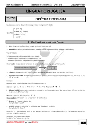 PROF. MÁRCIO SOBRINHO ASSISTENTE EM ADMINISTRAÇÃO  UFMS  2015 LÍNGUA PORTUGUESA
O CURSO PERMANENTE que mais APROVA! 3
LÍNGUA PORTUGUESA
UNIDADE
1
FONÉTICA E FONOLOGIA
Estuda os sons como são produzidos a partir de um significante dado:
 












se
tônicoa
tsomT
Táxi:Ex.
isomi
ksonsx
somá
1 – Classificação das Letras e dos Fonemas
 Letra é representação gráfica (vogal, semivogal e consoante).
 Fonema é a realização sonora da letra (fonema vocálico, fonema neutro, fonema consonantal).
Veja a relação:
1. Fonema vocálico é representado pelas vogais.
2. Fonema neutro é representado pelas semivogais.
3. Fonema consonantal é representado pelas consoante.
Observação: Para se contar o número de letras e de fonemas, siga o seguinte macete
 Dígrafo = duas letras que correspondem a um fonema e este pode ser vocálico ou consonantal.
 Dígrafo Consonantal: duas letras representando apenas um fonema consonantal. São eles: rr, ss, nh, lh, sc, sç, xc,
ch, nh, qu, gu
Exemplo:
Quantas letras, fonemas e dígrafos há na palavra Exceção
7L (e-x-c-e-ç-ã-o) / 1D (xc)  F = L – D  F = 7 – 1  F = 6 Resposta: 7L 1D 6F
 Dígrafo Vocálico: duas letras representando apenas um fonema vocálico. São eles: am, an /ã/, em, em /ẽ/, im,
in /ĩ/ om, on /õ/, um, um /ũ/
Exemplo: campo = 5L (c-a-m-p-o) / 1D / 4F
Observação 1: Tal macete não funciona em duas situações:
1ª) Quando o ―x‖ possui valor de ―ks‖
Exemplo: táxi = 4L e 5F
2ª) Quando possuir a consoante ―h‖, pois essa não possui valor fonético.
Exemplo: hotel = 5L e 4F
Observação 2: Os conjuntos ―am‖ e ―em‖ podem representar, foneticamente, ditongos decrescentes nasais. Isso
ocorrerá em palavras como:
Amavam: ―am‖ possui som de /ãu/
Também: ―em‖ possui som de /ẽi/
Fonemas = Letras – Dígrafos F = L – D
 