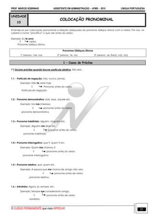 PROF. MÁRCIO SOBRINHO ASSISTENTE EM ADMINISTRAÇÃO  UFMS  2015 LÍNGUA PORTUGUESA
O CURSO PERMANENTE que mais APROVA! 51
UNIDADE
10
COLOCAÇÃO PRONOMINAL
Entende-se por colocação pronominal a relação adequada do pronome oblíquo átono com o verbo. Por isso, re-
ceberá o nome ―proclítico‖ o que vier antes do verbo.
Exemplo: Eu te amo
 verbo
Pronome oblíquo átono.
Pronomes Oblíquos Átonos
1° pessoa : me, nos 2° pessoa : te, vos 3° pessoa : se, lhe(s), o(s), a(s)
1 – Casos de Próclise
1°) Ocorre próclise quando houver partícula atrativa. São elas :
1.1 – Partícula de negação: não, nunca, jamais.
Exemplo: Não te verei hoje.
 Pronome antes do verbo
Partícula de negação.
1.2 – Pronome demonstrativo: este, esse, aquele etc.
Exemplo: Isto me interessa.
 pronome antes do verbo
pronome demonstrativo
1.3 – Pronome indefinido: alguém, ninguém etc.
Exemplo: Alguém me disse isto.
 pronome antes do verbo
pronome indefinido.
1.4 – Pronome interrogativo: que ?, quem ? etc.
Exemplo: Quem me chamou ?
 pronome antes do verbo
pronome interrogativo
1.5 – Pronome relativo: que, quem etc.
Exemplo: A pessoa que me chama de amigo não veio.
 pronome antes de verbo
pronome relativo.
1.6 – Advérbio: Agora, já, sempre, etc.
Exemplo: Sempre me consideraram amigo.
 pronome antes de verbo
advérbio.
 