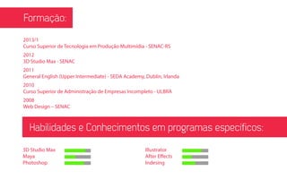 Habilidades e Conhecimentos em programas específicos:
2013/1
Curso Superior de Tecnologia em Produção Multimídia - SENAC-RS
2012
3D Studio Max - SENAC
2011
General English (Upper Intermediate) - SEDA Academy, Dublin, Irlanda
2010
Curso Superior de Administração de Empresas Incompleto - ULBRA
2008
Web Design – SENAC
3D Studio Max
Maya
Photoshop
Illustrator
After Effects
Indesign
 