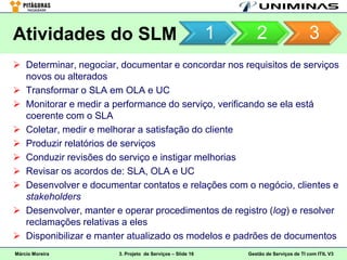 Atividades do SLM                                          1      2                     3
 Determinar, negociar, documentar e concordar nos requisitos de serviços
  novos ou alterados
 Transformar o SLA em OLA e UC
 Monitorar e medir a performance do serviço, verificando se ela está
  coerente com o SLA
 Coletar, medir e melhorar a satisfação do cliente
 Produzir relatórios de serviços
 Conduzir revisões do serviço e instigar melhorias
 Revisar os acordos de: SLA, OLA e UC
 Desenvolver e documentar contatos e relações com o negócio, clientes e
  stakeholders
 Desenvolver, manter e operar procedimentos de registro (log) e resolver
  reclamações relativas a eles
 Disponibilizar e manter atualizado os modelos e padrões de documentos
Márcio Moreira         3. Projeto de Serviços – Slide 16       Gestão de Serviços de TI com ITIL V3
 