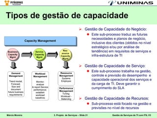 Tipos de gestão de capacidade
                                          Gestão de Capacidade do Negócio:
                                                  Este sub-processo traduz as futuras
                                                   necessidades e planos de negócio,
                                                   inclusive dos clientes (obtidos no nível
                                                   estratégico e/ou por análise de
                                                   tendência) em requisitos de serviços e
                                                   infra-estrutura de TI


                                          Gestão de Capacidade de Serviço:
                                                  Este sub-processo trabalha na gestão,
                                                   controle e previsão do desempenho e
                                                   capacidade operacional dos serviços e
                                                   da carga de TI. Deve garantir o
                                                   cumprimento do SLA


                                          Gestão de Capacidade de Recursos:
                                                  Sub-processo está focado na gestão e
                                                   previsões no nível de recursos
Márcio Moreira   3. Projeto de Serviços – Slide 21               Gestão de Serviços de TI com ITIL V3
 