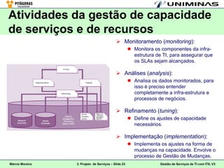 Atividades da gestão de capacidade
de serviços e de recursos
                                            Monitoramento (monitoring):
                                                      Monitora os componentes da infra-
                                                       estrutura de TI, para assegurar que
                                                       os SLAs sejam alcançados.

                                            Análises (analysis):
                                                      Analisa os dados monitorados, para
                                                       isso é preciso entender
                                                       completamente a infra-estrutura e
                                                       processos de negócios.

                                            Refinamento (tuning):
                                                      Define os ajustes de capacidade
                                                       necessários.

                                            Implementação (implementation):
                                                      Implementa os ajustes na forma de
                                                       mudanças na capacidade. Envolve o
                                                       processo de Gestão de Mudanças.
Márcio Moreira   3. Projeto de Serviços – Slide 23                 Gestão de Serviços de TI com ITIL V3
 