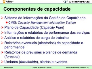 Componentes de capacidade
 Sistema de Informações da Gestão de Capacidade
    CMIS: Capacity Management Information System
 Plano de Capacidade (Capacity Plan)
 Informações e relatórios de performance dos serviços
 Análise e relatórios de carga de trabalho
 Relatórios eventuais (aleatórios) de capacidade e
  performance
 Relatórios de previsões e planos de demanda
  (forecast)
 Limiares (thresholds), alertas e eventos
 Márcio Moreira     3. Projeto de Serviços – Slide 24   Gestão de Serviços de TI com ITIL V3
 