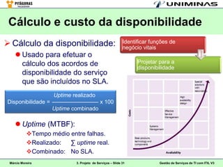 Cálculo e custo da disponibilidade
 Cálculo da disponibilidade:                             Identificar funções de
                                                          negócio vitais
     Usado para efetuar o
      cálculo dos acordos de                                    Projetar para a
                                                                disponibilidade
      disponibilidade do serviço
      que são incluídos no SLA.
                  Uptime realizado
Disponibilidade = ––––––––––––––– x 100
                  Uptime combinado

     Uptime (MTBF):
           Tempo médio entre falhas.
           Realizado:  ∑ uptime real.
           Combinado: No SLA.
 Márcio Moreira            3. Projeto de Serviços – Slide 31             Gestão de Serviços de TI com ITIL V3
 