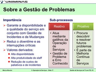 Sobre a Gestão de Problemas
Importância                                            Sub-processos
 Garante a disponibilidade e                                   Reativo              Proativo
  a qualidade do serviço em
  conjunto com Gestão de                                • Atua                  • Procura
  Incidentes e de Mudanças                                mediante                descobrir
                                                          gatilhos da             e resolver
 Reduz o downtime e as                                   Operação                futuros
  interrupções críticas                                   de                      problemas
 Valores derivados:                                      Serviços              • É parte da
        Alta disponibilidade                           • Gestão de               Melhoria
        Alta produtividade do staff                      Problema                Contínua
        Redução de custos de
                                                          e Erro                  de
         paliativos e de incidentes
                                                          Conhecido               Serviços
Márcio Moreira             5. Operação de Serviços – Slide 17             Gestão de Serviços de TI com ITIL V3
 