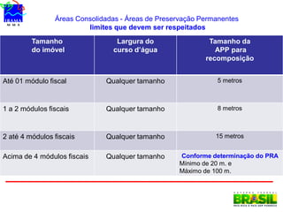 Áreas Consolidadas - Áreas de Preservação Permanentes
limites que devem ser respeitados
Tamanho
do imóvel
Largura do
curso d’água
Tamanho da
APP para
recomposição
Até 01 módulo fiscal Qualquer tamanho 5 metros
1 a 2 módulos fiscais Qualquer tamanho 8 metros
2 até 4 módulos fiscais Qualquer tamanho 15 metros
Acima de 4 módulos fiscais Qualquer tamanho Conforme determinação do PRA
Mínimo de 20 m. e
Máximo de 100 m.
 