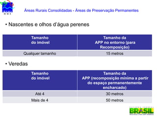 Áreas Rurais Consolidadas - Áreas de Preservação Permanentes
Tamanho
do imóvel
Tamanho da
APP no entorno (para
Recomposição)
Qualquer tamanho 15 metros
• Nascentes e olhos d’água perenes
• Veredas
Tamanho
do imóvel
Tamanho da
APP (recomposição mínima a partir
do espaço permanentemente
encharcado)
Até 4 30 metros
Mais de 4 50 metros
 