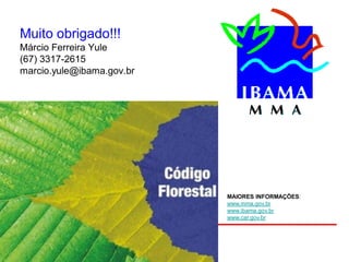 Muito obrigado!!!
Márcio Ferreira Yule
(67) 3317-2615
marcio.yule@ibama.gov.br
MAIORES INFORMAÇÕES:
www.mma.gov.br
www.ibama.gov.br
www.car.gov.br
 