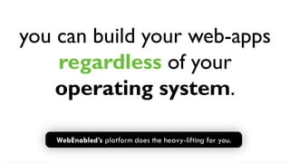 you can build your web-apps
    regardless of your
    operating system.

    WebEnabled’s platform does the heavy-lifting for you.
 
