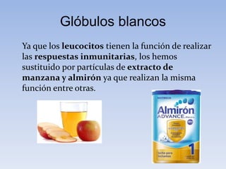 Glóbulos blancos
Ya que los leucocitos tienen la función de realizar
las respuestas inmunitarias, los hemos
sustituido por partículas de extracto de
manzana y almirón ya que realizan la misma
función entre otras.
 