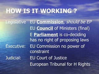 HOW IS IT WORKING ?
Legislative EU Commission, should be EP
            EU Council of Ministers (final)
            E Parliament is co-deciding
            has no right of proposing laws
Executive: EU Commission no power of
            constraint
Judicial:   EU Court of Justice
            European Tribunal for H Rights
 