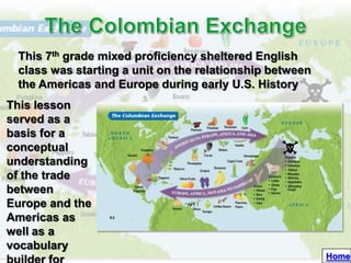 This 7th grade mixed proficiency sheltered English
 class was starting a unit on the relationship between
 the Americas and Europe during early U.S. History
This lesson
served as a
basis for a
conceptual
understanding
of the trade
between
Europe and the
Americas as
well as a
vocabulary
                                                         Home
 