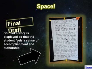 Student’s work is
displayed so that the
student feels a sense of
accomplishment and
authorship




                           Home
 