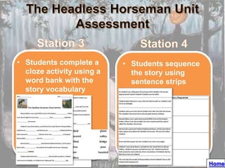 • Students complete a      • Students sequence
  cloze activity using a     the story using
  word bank with the         sentence strips
  story vocabulary




                                                 Home
 
