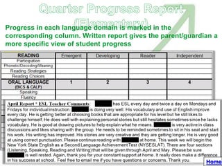Progress in each language domain is marked in the
corresponding column. Written report gives the parent/guardian a
more specific view of student progress




                                                            Home
 