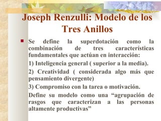 Joseph Renzulli: Modelo de los Tres Anillos Se define la superdotación como la combinación de tres características fundamentales que actúan en interacción: 1) Inteligencia general ( superior a la media). 2) Creatividad ( considerada algo más que pensamiento divergente) 3) Compromiso con la tarea o motivación. Define su modelo como una “agrupación de rasgos que caracterizan a las personas altamente productivas” 