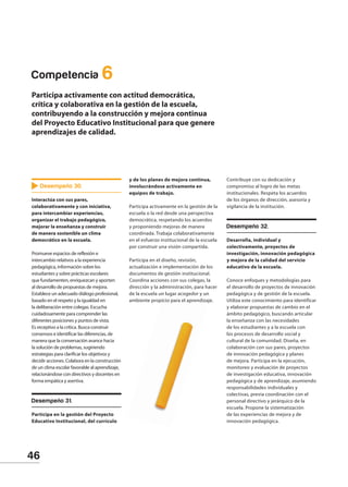 46
Desempeño 30.
Interactúa con sus pares,
colaborativamente y con iniciativa,
para intercambiar experiencias,
organizar el trabajo pedagógico,
mejorar la enseñanza y construir
de manera sostenible un clima
democrático en la escuela.
Promueve espacios de reflexión e
intercambio relativos a la experiencia
pedagógica, información sobre los
estudiantes y sobre prácticas escolares
que fundamenten, enriquezcan y aporten
al desarrollo de propuestas de mejora.
Establece un adecuado diálogo profesional,
basado en el respeto y la igualdad en
la deliberación entre colegas. Escucha
cuidadosamente para comprender las
diferentes posiciones y puntos de vista.
Es receptivo a la crítica. Busca construir
consensos e identificar las diferencias, de
manera que la conversación avance hacia
la solución de problemas, sugiriendo
estrategias para clarificar los objetivos y
decidir acciones. Colabora en la construcción
de un clima escolar favorable al aprendizaje,
relacionándose con directivos y docentes en
forma empática y asertiva.
Desempeño 31.
Participa en la gestión del Proyecto
Educativo Institucional, del currículo
y de los planes de mejora continua,
involucrándose activamente en
equipos de trabajo.
Participa activamente en la gestión de la
escuela o la red desde una perspectiva
democrática, respetando los acuerdos
y proponiendo mejoras de manera
coordinada. Trabaja colaborativamente
en el esfuerzo institucional de la escuela
por construir una visión compartida.
Participa en el diseño, revisión,
actualización e implementación de los
documentos de gestión institucional.
Coordina acciones con sus colegas, la
dirección y la administración, para hacer
de la escuela un lugar acogedor y un
ambiente propicio para el aprendizaje.
Contribuye con su dedicación y
compromiso al logro de las metas
institucionales. Respeta los acuerdos
de los órganos de dirección, asesoría y
vigilancia de la institución.
Desempeño 32.
Desarrolla, individual y
colectivamente, proyectos de
investigación, innovación pedagógica
y mejora de la calidad del servicio
educativo de la escuela.
Conoce enfoques y metodologías para
el desarrollo de proyectos de innovación
pedagógica y de gestión de la escuela.
Utiliza este conocimiento para identificar
y elaborar propuestas de cambio en el
ámbito pedagógico, buscando articular
la enseñanza con las necesidades
de los estudiantes y a la escuela con
los procesos de desarrollo social y
cultural de la comunidad. Diseña, en
colaboración con sus pares, proyectos
de innovación pedagógica y planes
de mejora. Participa en la ejecución,
monitoreo y evaluación de proyectos
de investigación educativa, innovación
pedagógica y de aprendizaje, asumiendo
responsabilidades individuales y
colectivas, previa coordinación con el
personal directivo y jerárquico de la
escuela. Propone la sistematización
de las experiencias de mejora y de
innovación pedagógica.
Competencia 6
Participa activamente con actitud democrática,
crítica y colaborativa en la gestión de la escuela,
contribuyendo a la construcción y mejora continua
del Proyecto Educativo Institucional para que genere
aprendizajes de calidad.
 