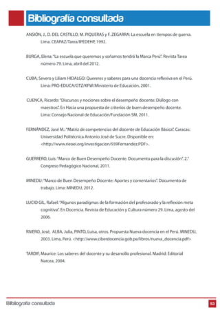 Bibliografía consultada
ANSIÓN, J., D. DEL CASTILLO, M. PIQUERAS y F. ZEGARRA: La escuela en tiempos de guerra.
Lima. CEAPAZ/Tarea/IPEDEHP, 1992.
BURGA, Elena: “La escuela que queremos y soñamos tendrá la Marca Perú”. Revista Tarea
número 79. Lima, abril del 2012.
CUBA, Severo y Liliam HIDALGO: Quereres y saberes para una docencia reflexiva en el Perú.
Lima: PRO-EDUCA/GTZ/KFW/Ministerio de Educación, 2001.
CUENCA, Ricardo: “Discursos y nociones sobre el desempeño docente: Diálogo con
maestros”. En Hacia una propuesta de criterios de buen desempeño docente.
Lima: Consejo Nacional de Educación/Fundación SM, 2011.
FERNÁNDEZ, José M.: “Matriz de competencias del docente de Educación Básica”. Caracas:
Universidad Politécnica Antonio José de Sucre. Disponible en:
<http://www.rieoei.org/investigacion/939Fernandez.PDF>.
GUERRERO, Luis: “Marco de Buen Desempeño Docente. Documento para la discusión”. 2.°
Congreso Pedagógico Nacional, 2011.
MINEDU: “Marco de Buen Desempeño Docente: Aportes y comentarios”. Documento de
trabajo. Lima: MINEDU, 2012.
LUCIO GIL, Rafael: “Algunos paradigmas de la formación del profesorado y la reflexión meta
cognitiva”. En Docencia. Revista de Educación y Cultura número 29. Lima, agosto del
2006.
RIVERO, José, ALBA, Julia, PINTO, Luisa, otros. Propuesta Nueva docencia en el Perú. MINEDU,
2003. Lima, Perú. <http://www.ciberdocencia.gob.pe/libros/nueva_docencia.pdf>
TARDIF, Maurice: Los saberes del docente y su desarrollo profesional. Madrid: Editorial
Narcea, 2004.

Bilbliografía consultada

53

 