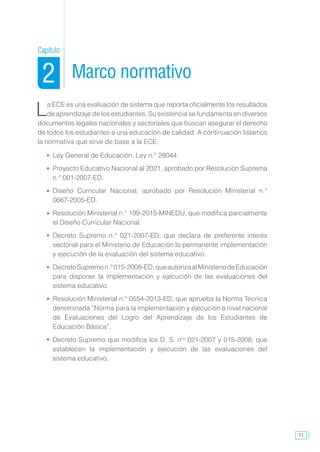 11
La ECE es una evaluación de sistema que reporta oficialmente los resultados
de aprendizaje de los estudiantes. Su existencia se fundamenta en diversos
documentos legales nacionales y sectoriales que buscan asegurar el derecho
de todos los estudiantes a una educación de calidad. A continuación listamos
la normativa que sirve de base a la ECE:
	 Ley General de Educación. Ley n.° 28044.
	 Proyecto Educativo Nacional al 2021, aprobado por Resolución Suprema
n.° 001-2007-ED.
	Diseño Curricular Nacional, aprobado por Resolución Ministerial n.°
0667-2005-ED.
	 Resolución Ministerial n.° 199-2015-MINEDU, que modifica parcialmente
el Diseño Curricular Nacional.
	Decreto Supremo n.° 021-2007-ED, que declara de preferente interés
sectorial para el Ministerio de Educación la permanente implementación
y ejecución de la evaluación del sistema educativo.
	 DecretoSupremon.°015-2008-ED,queautorizaalMinisteriodeEducación
para disponer la implementación y ejecución de las evaluaciones del
sistema educativo.
	 Resolución Ministerial n.° 0554-2013-ED, que aprueba la Norma Técnica
denominada “Norma para la implementación y ejecución a nivel nacional
de Evaluaciones del Logro del Aprendizaje de los Estudiantes de
Educación Básica”.
	 Decreto Supremo que modifica los D. S. nos
021-2007 y 015-2008, que
establecen la implementación y ejecución de las evaluaciones del
sistema educativo.
Marco normativo
Capítulo
2
 