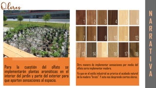 Para la cuestión del olfato se
implementarán plantas aromáticas en el
interior del jardín y parte del exterior para
que aporten sensaciones al espacio.
Otro manera de implementar sensaciones por medio del
olfato seria implementar madera.
Ya que en el estilo industrial se prioriza el acabado natural
de la madera “bruto”. Y esta nos desprende ciertos olores.
N
A
R
R
A
T
I
V
A
 