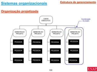 100
Organização projetizada
Sistemas organizacionais Estrutura de gerenciamento
PESSOA PESSOA PESSOA PESSOA
PESSOA
PESSOA
PESSOA
PESSOA PESSOA PESSOA
PESSOA PESSOA
 