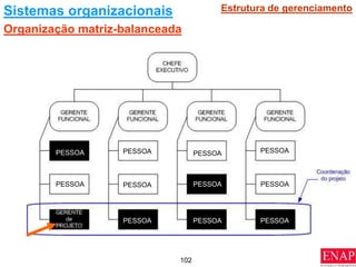 102
Organização matriz-balanceada
Sistemas organizacionais Estrutura de gerenciamento
PESSOA PESSOA PESSOA PESSOA
PESSOA
PESSOA
PESSOA PESSOA PESSOA
PESSOA PESSOA
 