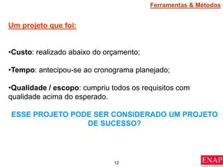 12
Um projeto que foi:
•Custo: realizado abaixo do orçamento;
•Tempo: antecipou-se ao cronograma planejado;
•Qualidade / escopo: cumpriu todos os requisitos com
qualidade acima do esperado.
ESSE PROJETO PODE SER CONSIDERADO UM PROJETO
DE SUCESSO?
Ferramentas & Métodos
 