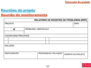 122
RELATÓRIO DE REGISTRO DE PROBLEMAS [RRP]
PROJETO DATA
id PROBLEMA / OBSTÁCULO
CAUSAS MAIS PROVÁVEIS
SOLUÇÃO
PARTICIPANTES RESPONSÁVEL PELA AÇÃO
GERENTE DO PROJETO
Reuniões do projeto
Reunião de monitoramento
Execução do projeto
 