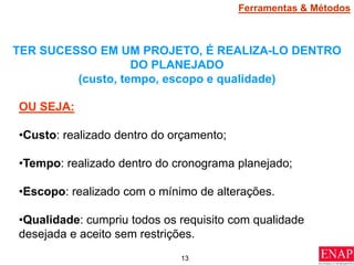 13
TER SUCESSO EM UM PROJETO, É REALIZA-LO DENTRO
DO PLANEJADO
(custo, tempo, escopo e qualidade)
OU SEJA:
•Custo: realizado dentro do orçamento;
•Tempo: realizado dentro do cronograma planejado;
•Escopo: realizado com o mínimo de alterações.
•Qualidade: cumpriu todos os requisito com qualidade
desejada e aceito sem restrições.
Ferramentas & Métodos
 