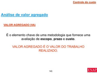 140
VALOR AGREGADO (VA)
É o elemento chave de uma metodologia que fornece uma
avaliação de escopo, prazo e custo.
VALOR AGREGADO É O VALOR DO TRABALHO
REALIZADO.
Análise de valor agregado
Controle do custo
 
