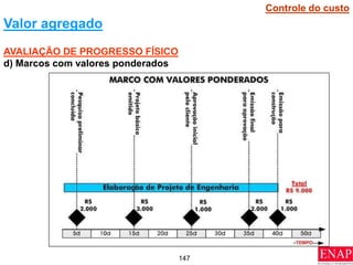 147
AVALIAÇÃO DE PROGRESSO FÍSICO
d) Marcos com valores ponderados
Valor agregado
Controle do custo
 