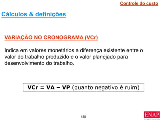 150
Cálculos & definições
VARIAÇÃO NO CRONOGRAMA (VCr)
Indica em valores monetários a diferença existente entre o
valor do trabalho produzido e o valor planejado para
desenvolvimento do trabalho.
VCr = VA – VP (quanto negativo é ruim)
Controle do custo
 
