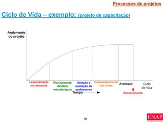18
Ciclo
de vida
Andamento
do projeto
Tempo
Avaliação
Levantamento
da demanda
Seleção e
avaliação de
professores
Desenvolvimento
das aulas
Encerramento
Planejamento
didático
metodológico
Ciclo de Vida – exemplo: (projeto de capacitação)
Processos de projetos
 