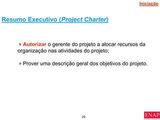 29
Autorizar o gerente do projeto a alocar recursos da
organização nas atividades do projeto;
Prover uma descrição geral dos objetivos do projeto.
Resumo Executivo (Project Charter)
Iniciação
 