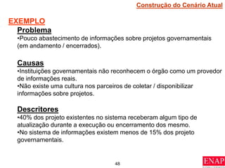 48
EXEMPLO
Problema
•Pouco abastecimento de informações sobre projetos governamentais
(em andamento / encerrados).
Causas
•Instituições governamentais não reconhecem o órgão como um provedor
de informações reais.
•Não existe uma cultura nos parceiros de coletar / disponibilizar
informações sobre projetos.
Descritores
•40% dos projeto existentes no sistema receberam algum tipo de
atualização durante a execução ou encerramento dos mesmo.
•No sistema de informações existem menos de 15% dos projeto
governamentais.
Construção do Cenário Atual
 
