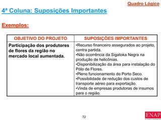 72
Exemplos:
4ª Coluna: Suposições Importantes
OBJETIVO DO PROJETO SUPOSIÇÕES IMPORTANTES
Participação dos produtores
de flores da região no
mercado local aumentada.
•Recurso financeiro assegurados ao projeto,
contra partida.
•Não ocorrência da Sigatoka Negra na
produção de helicônias.
•Disponibilização da área para instalação do
Pólo de Flores.
•Pleno funcionamento do Porto Seco.
•Possibilidade de redução dos custos de
transporte aéreo para exportação.
•Vinda de empresas produtoras de insumos
para o região.
Quadro Lógico
 