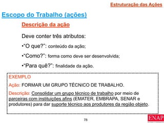 78
Escopo do Trabalho (ações)
Descrição da ação
Deve conter três atributos:
•“O que?”: conteúdo da ação;
•“Como?”: forma como deve ser desenvolvida;
•“Para quê?”: finalidade da ação.
EXEMPLO
Ação: FORMAR UM GRUPO TÉCNICO DE TRABALHO.
Descrição: Consolidar um grupo técnico de trabalho por meio de
parceiras com instituições afins (EMATER, EMBRAPA, SENAR e
produtores) para dar suporte técnico aos produtores da região objeto.
Estruturação das Ações
 