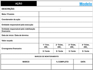 93
ESTRUTURAÇÃO
DAS
AÇÕES
AÇÃO
DESCRIÇÃO:
Meta / Produto
Coordenador da ação
Entidade responsável pela execução
Entidade responsável pela viabilização
financeira
Data de início / Data de término
Valor orçado
Cronograma financeiro
1° Trim.
200_
2° Trim.
200_
3° Trim.
200_
4° Trim.
200_
$ / fonte $ / fonte $ / fonte $ / fonte
MARCOS DE MONITORAMENTO
MARCO % COMPLETO DATA
Modelo
 