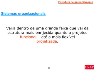 96
Varia dentro de uma grande faixa que vai da
estrutura mais enrijecida quanto a projetos
– funcional – até a mais flexível –
projetizada.
Sistemas organizacionais
Estrutura de gerenciamento
 