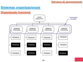 98
Organização funcional
Sistemas organizacionais
Estrutura de gerenciamento
PESSOA PESSOA PESSOA PESSOA
PESSOA
PESSOA
PESSOA
PESSOA PESSOA PESSOA
PESSOA PESSOA
 