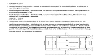 • SUPERFICIE DE JUEGO
• La superficie debe ser plana, horizontal y uniforme. No debe presentar ningún peligro de lesión para los jugadores. Se prohíbe jugar en
superficies rugosas o resbaladizas
• Para las Competencias Mundiales y Oficiales de la FIVB, solo se autoriza una superficie de madera o sintética. Toda superficie debe ser
previamente homologada por la FIVB.
• Para las Competencias Mundiales y Oficiales de la FIVB, se requieren líneas de color blanco. Otros colores, diferentes entre sí, se
requieren para el campo de juego y la zona libre.
• LINEAS DE LA CANCHA
• Todas las líneas tienen 5 cm. de ancho. Deben ser de un color claro y que sea diferente al color del piso y al de cualquier otra línea.
• Para las Competencias Mundiales y Oficiales de la FIVB, las líneas de ataque se prolongan, agregando desde las líneas laterales, cinco
líneas cortas de 15 cm. de largo por 5 cm. de ancho, separadas entre sí por 20 cm., para totalizar una extensión de 1.75 m. “La línea de
restricción de los entrenadores” (una línea discontinua que se extiende desde la línea de ataque hasta la línea final del campo de juego,
paralela a la línea lateral y a 1.75 mts. de ésta) está compuesta de líneas cortas de 15 cm trazadas a 20 cm de separación entre ellas y que
marcan el límite del área de operación del entrenador.
 