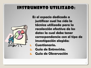 18
Instrumento Utilizado:Instrumento Utilizado:
Es el espacio dedicado a
justificar cual ha sido la
técnica utilizada para la
recolección efectiva de los
datos la cual debe tener
correspondencia con el tipo de
investigación elegida:
1. Cuestionario.
2. Guía de Entrevista.
3. Guía de Observación
18
 