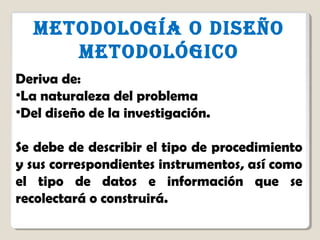 44
METODOLOGÍA O DisEñO
METODOLóGicO
 
Deriva de:
•La naturaleza del problema
•Del diseño de la investigación.
Se debe de describir el tipo de procedimiento
y sus correspondientes instrumentos, así como
el tipo de datos e información que se
recolectará o construirá.
 